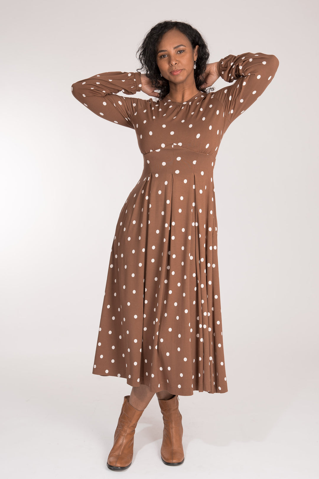 Pleated waist midi jersey dress - Brown dot