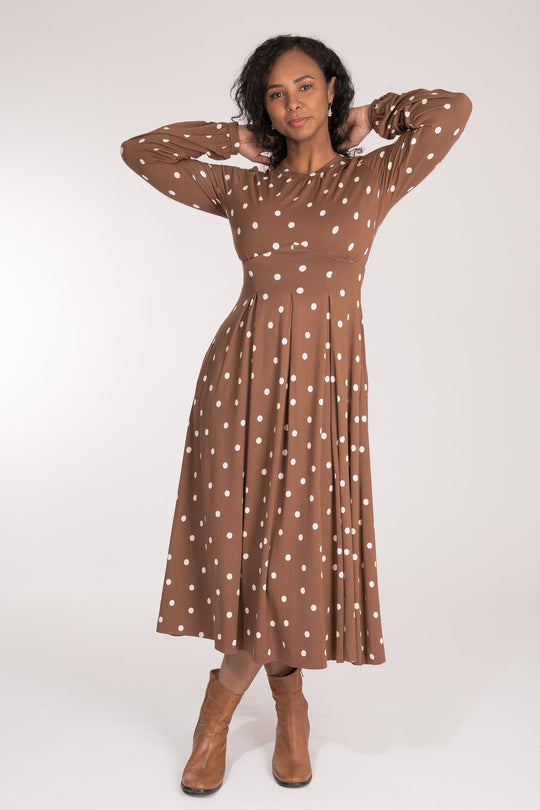 Pleated waist midi jersey dress - Brown dot