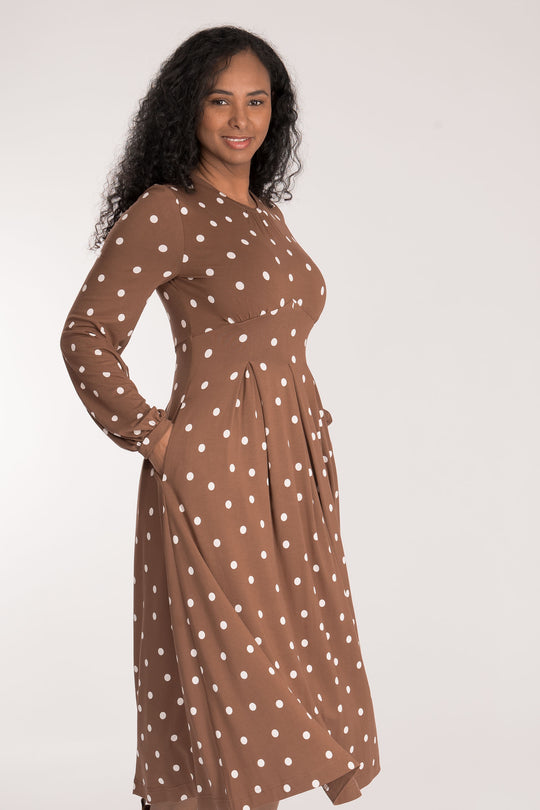 Pleated waist midi jersey dress - Brown dot