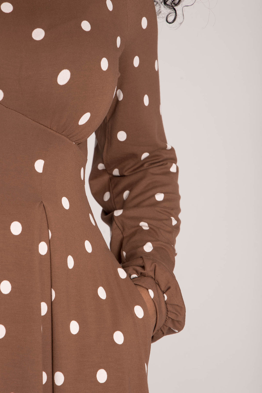 Pleated waist midi jersey dress - Brown dot