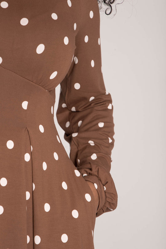 Pleated waist midi jersey dress - Brown dot