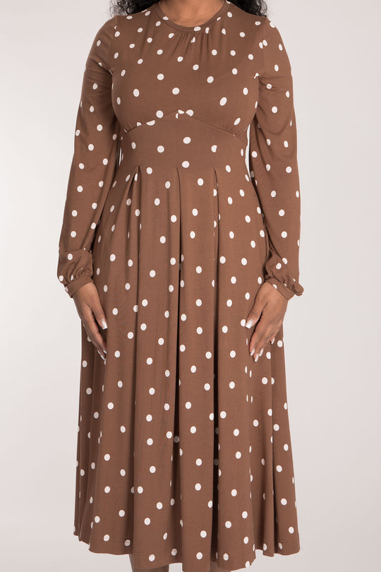 Pleated waist midi jersey dress - Brown dot