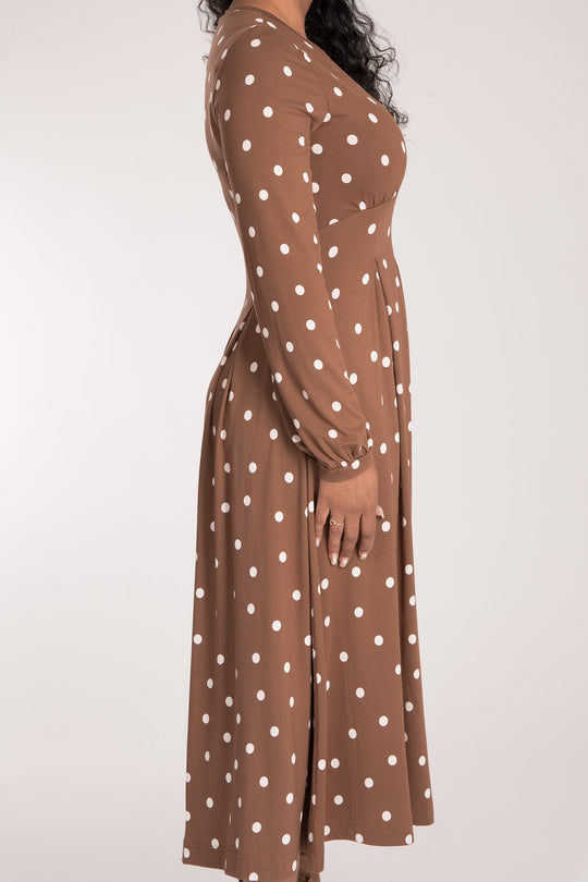 Pleated waist midi jersey dress - Brown dot