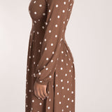 Pleated waist short jersey dress - Brown dot