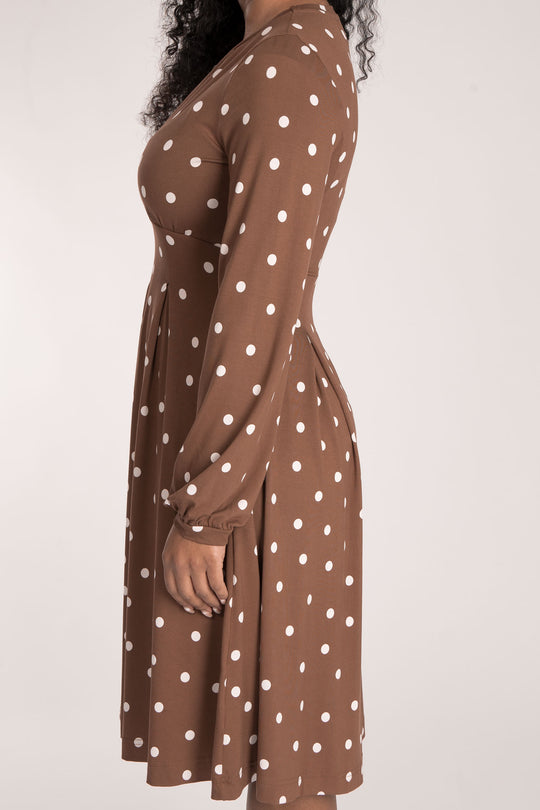 Pleated waist short jersey dress - Brown dot