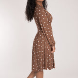 Pleated waist short jersey dress - Brown dot