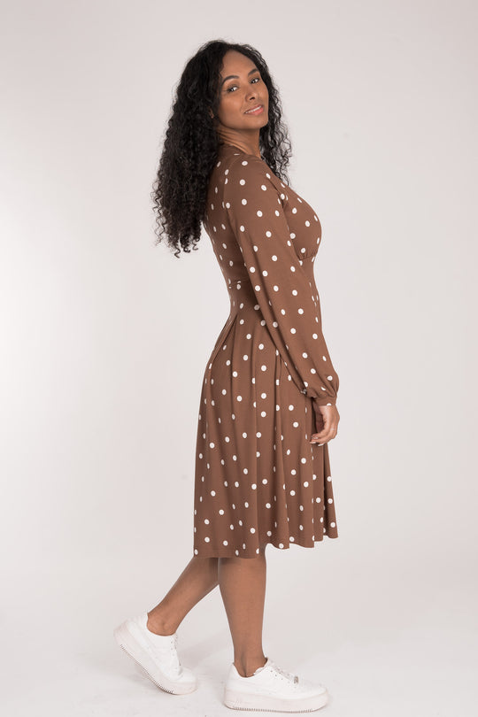 Pleated waist short jersey dress - Brown dot