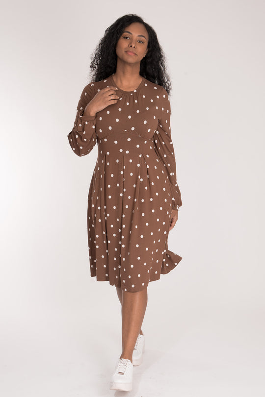 Pleated waist short jersey dress - Brown dot