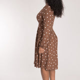 Pleated waist short jersey dress - Brown dot