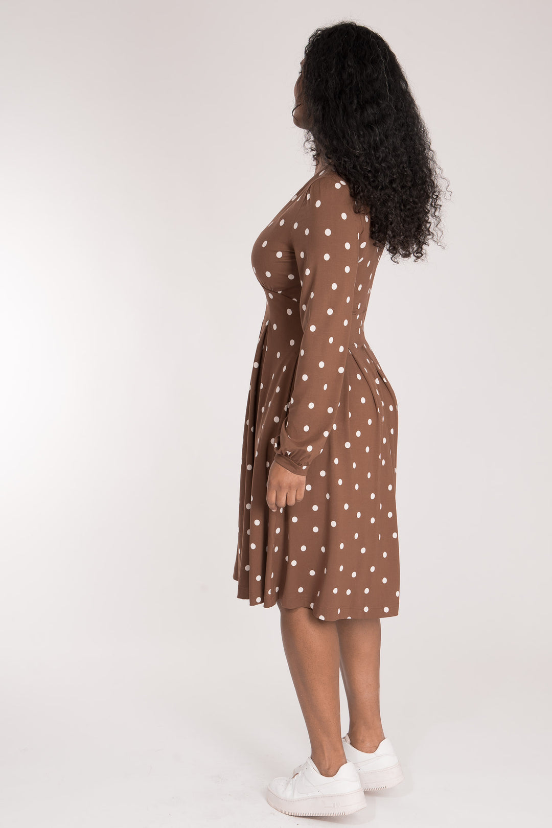 Pleated waist short jersey dress - Brown dot
