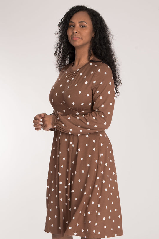 Pleated waist short jersey dress - Brown dot