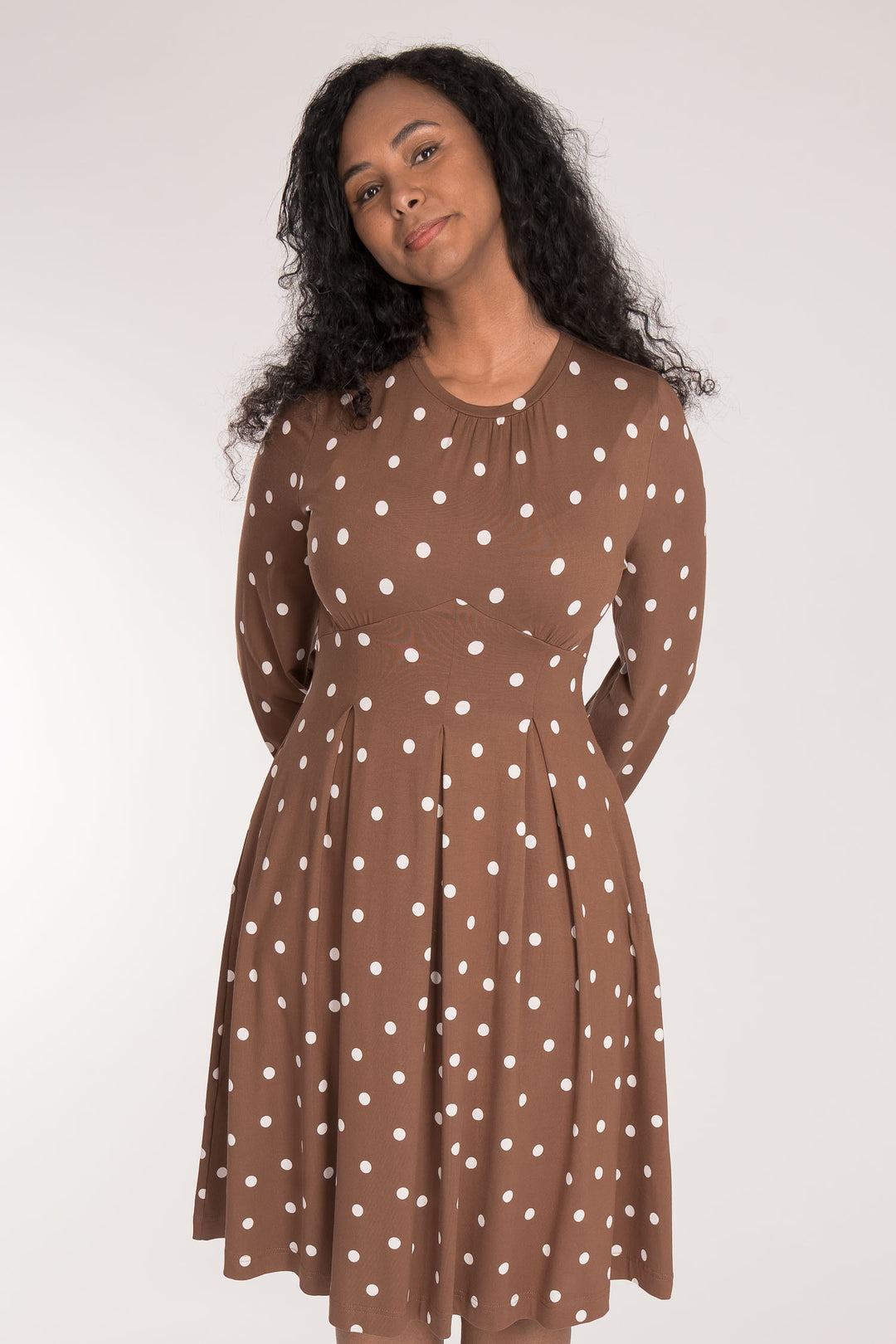 Pleated waist short jersey dress - Brown dot