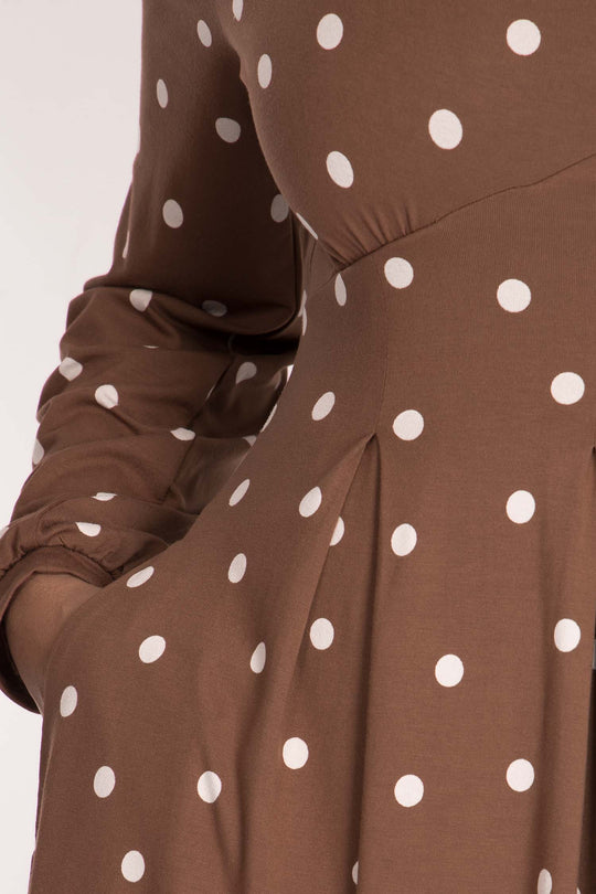 Pleated waist short jersey dress - Brown dot