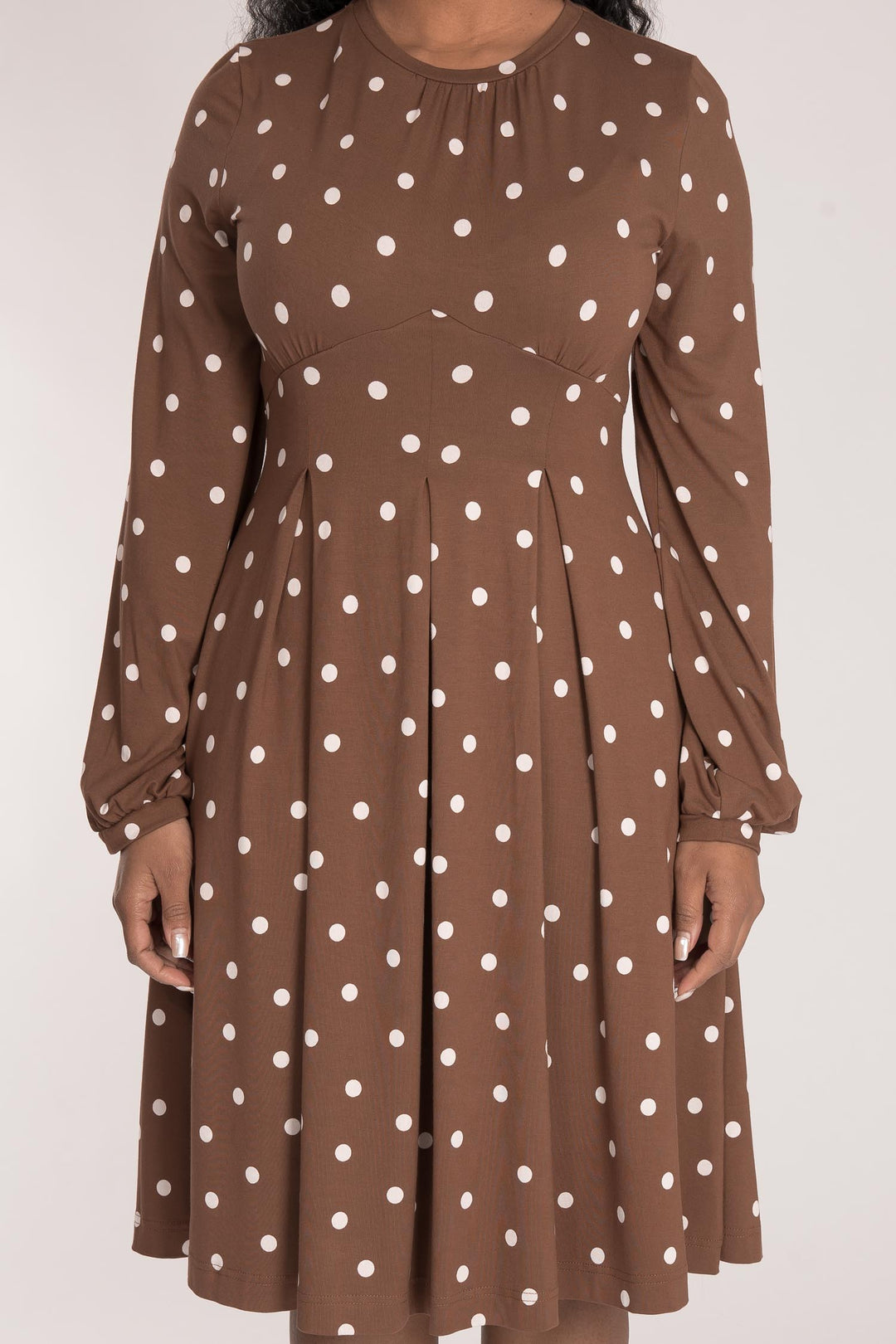 Pleated waist short jersey dress - Brown dot