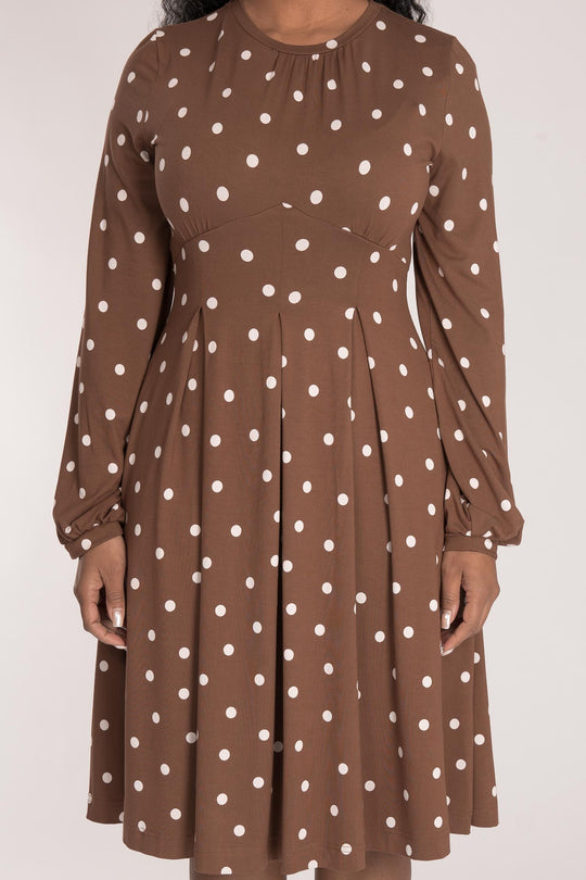 Pleated waist short jersey dress - Brown dot