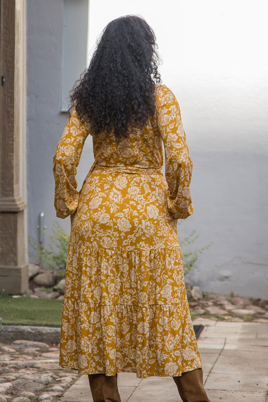 Frill midi wrap jersey dress - Ochre