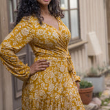 Frill midi wrap jersey dress - Ochre