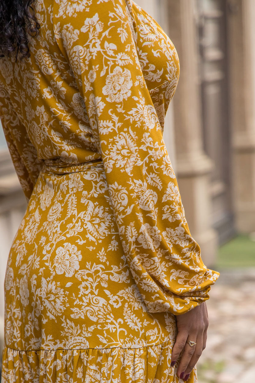Frill midi wrap jersey dress - Ochre