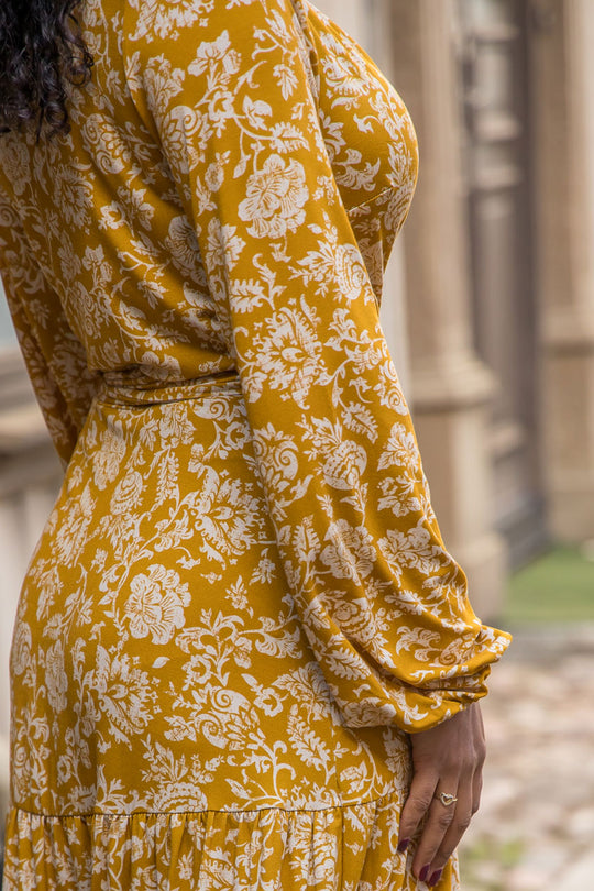 Frill midi wrap jersey dress - Ochre