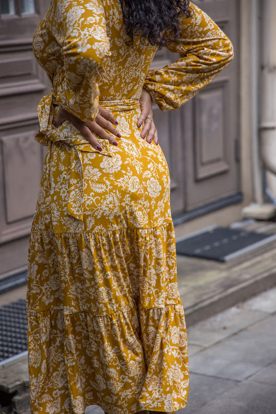 Frill midi wrap jersey dress - Ochre