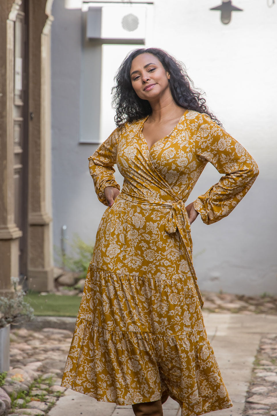 Frill midi wrap jersey dress - Ochre