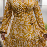 Frill midi wrap jersey dress - Ochre