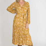 Frill midi wrap jersey dress - Ochre