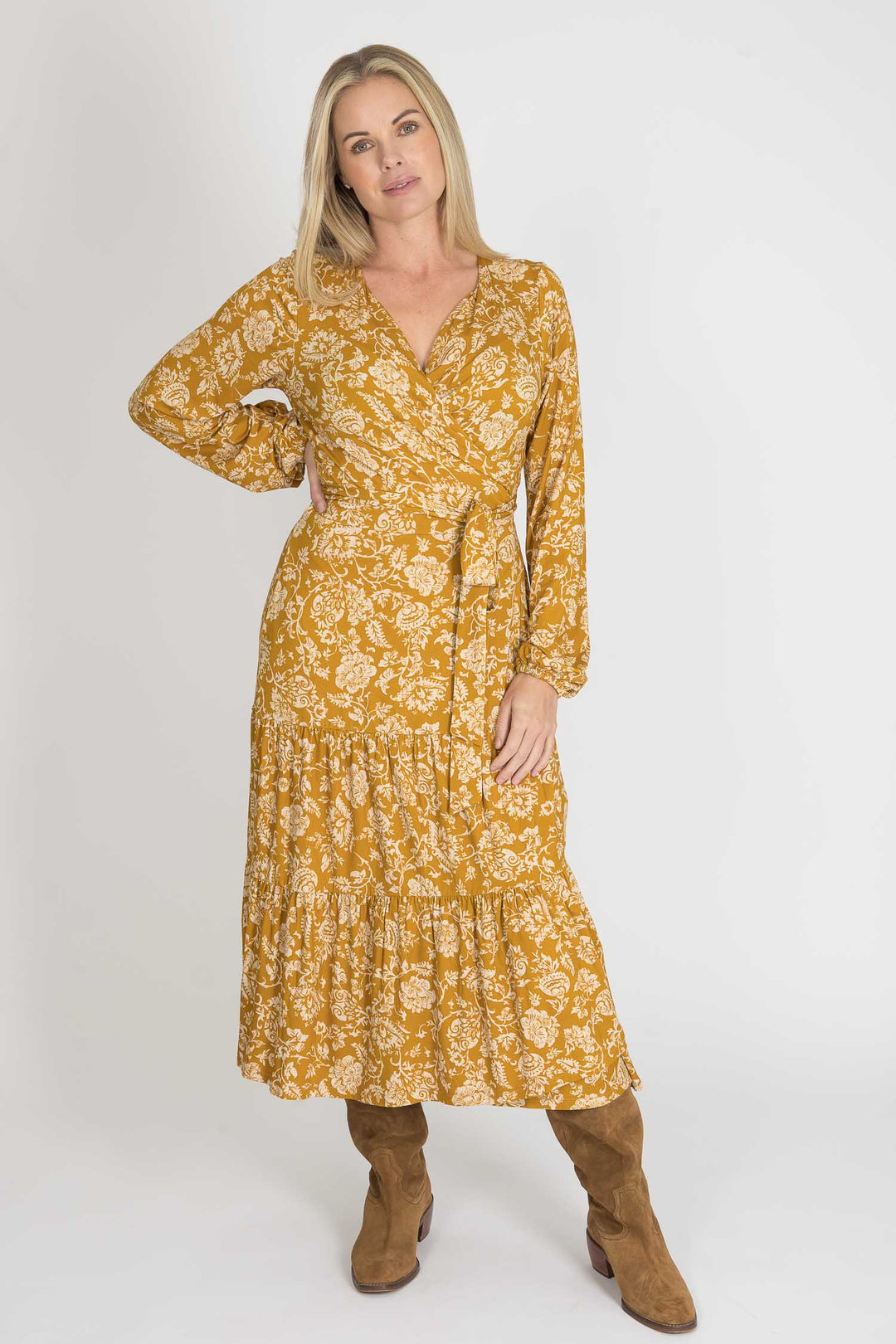 Frill midi wrap jersey dress - Ochre
