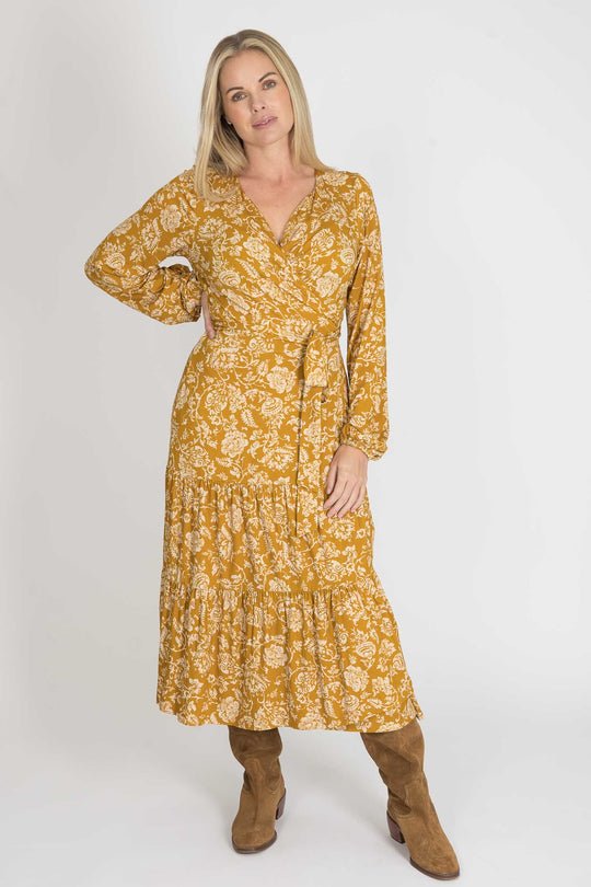 Frill midi wrap jersey dress - Ochre