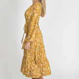 Frill midi wrap jersey dress - Ochre