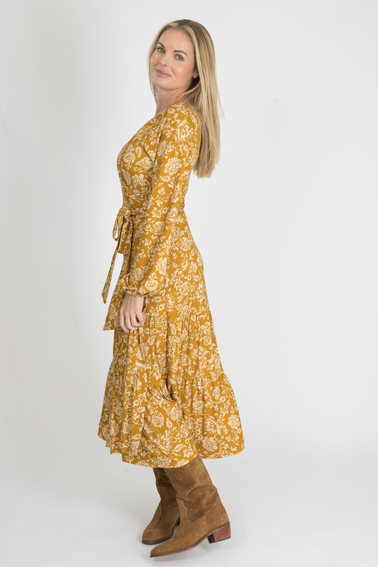 Frill midi wrap jersey dress - Ochre