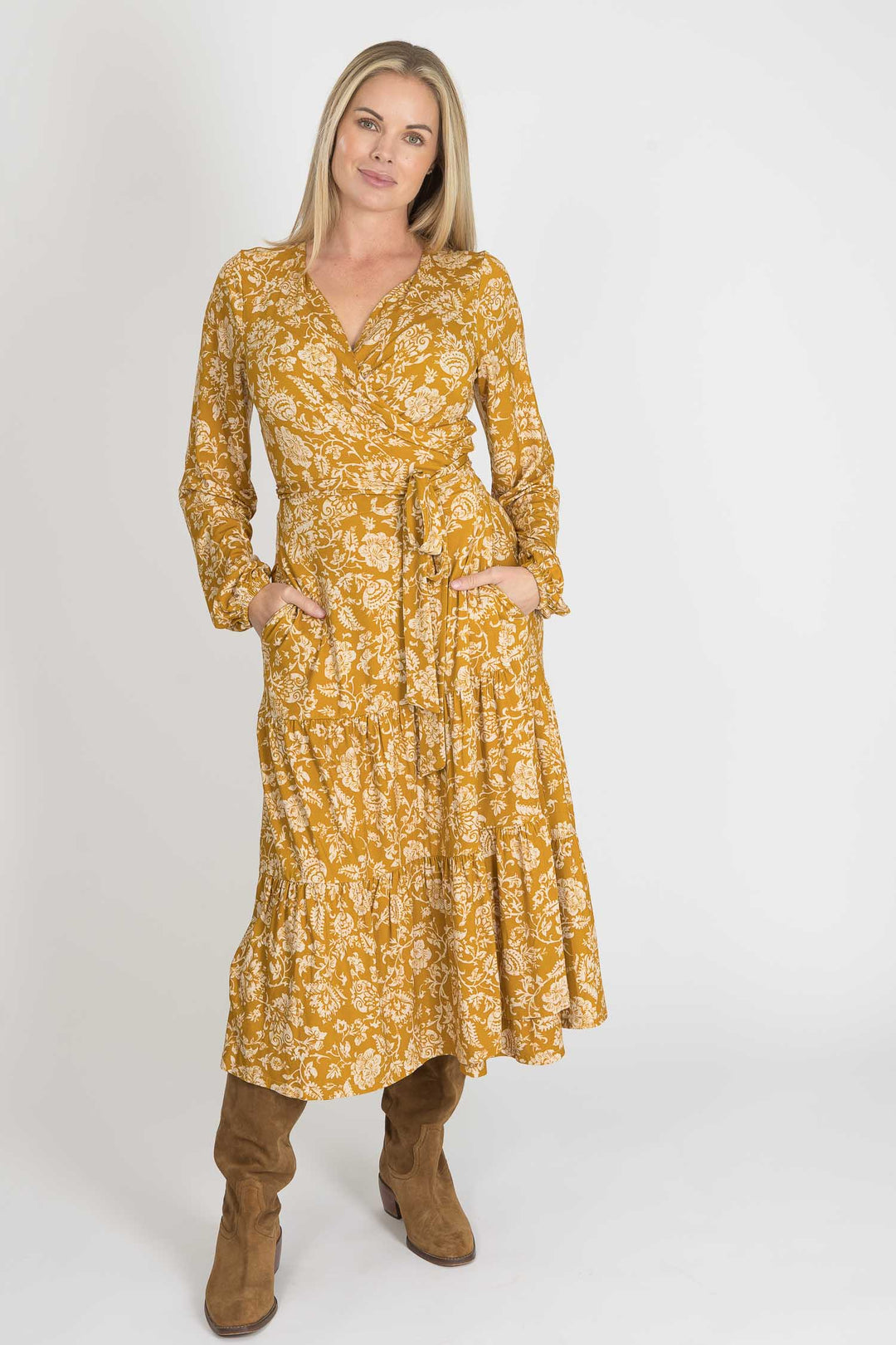 Frill midi wrap jersey dress - Ochre