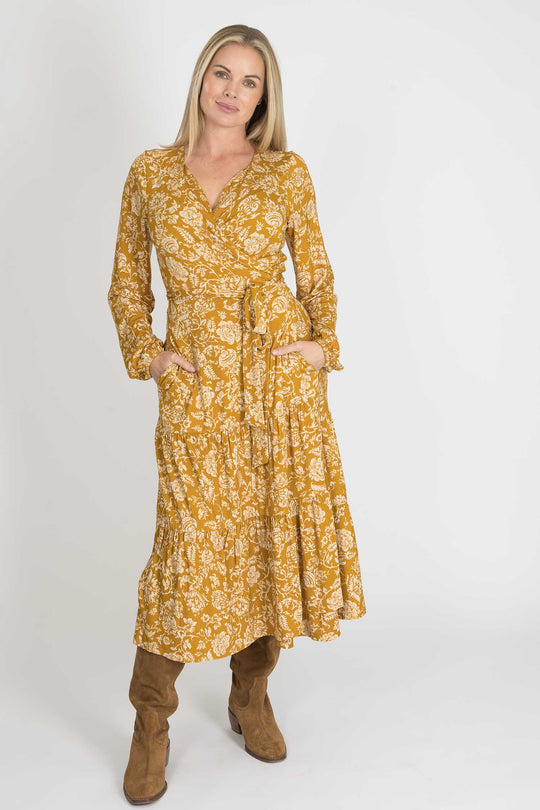 Frill midi wrap jersey dress - Ochre