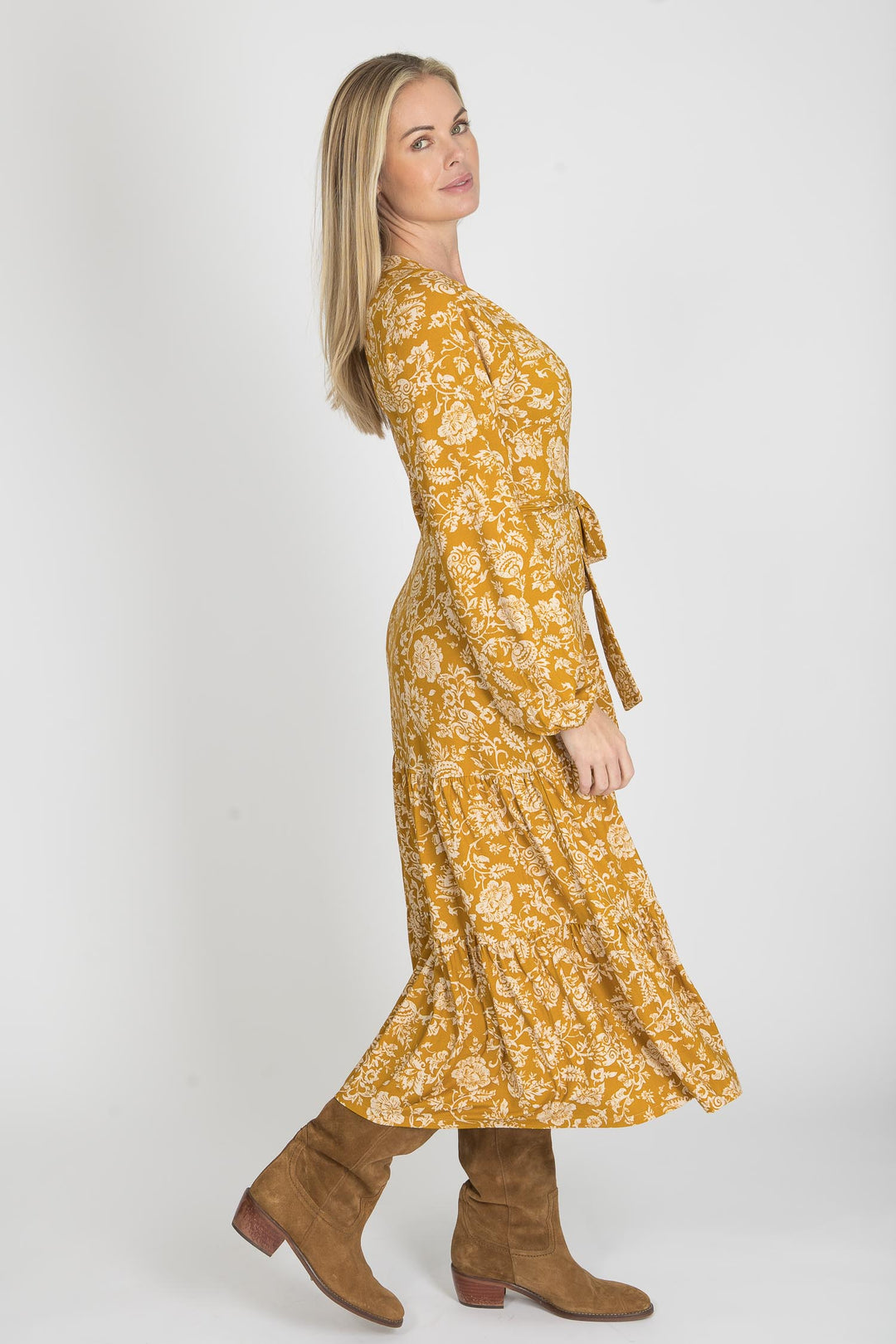 Frill midi wrap jersey dress - Ochre