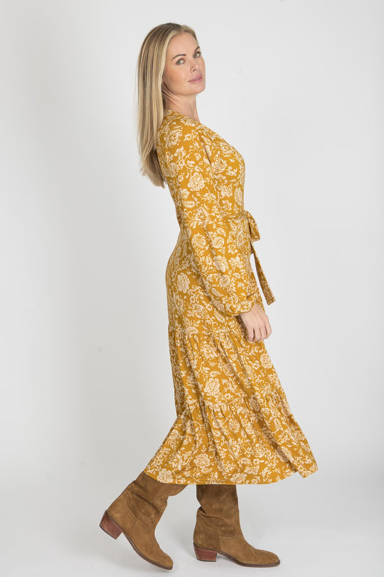 Frill midi wrap jersey dress - Ochre