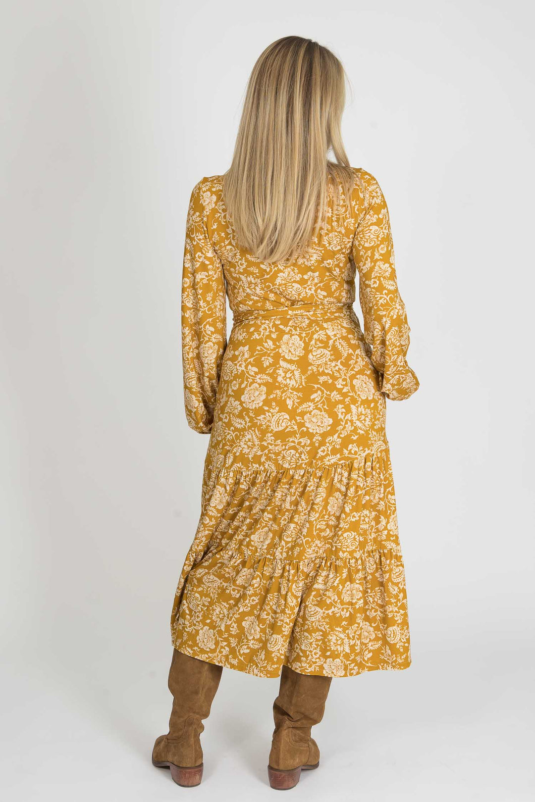 Frill midi wrap jersey dress - Ochre