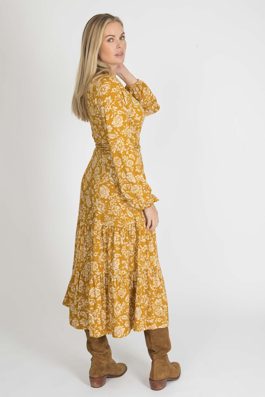 Frill midi wrap jersey dress - Ochre