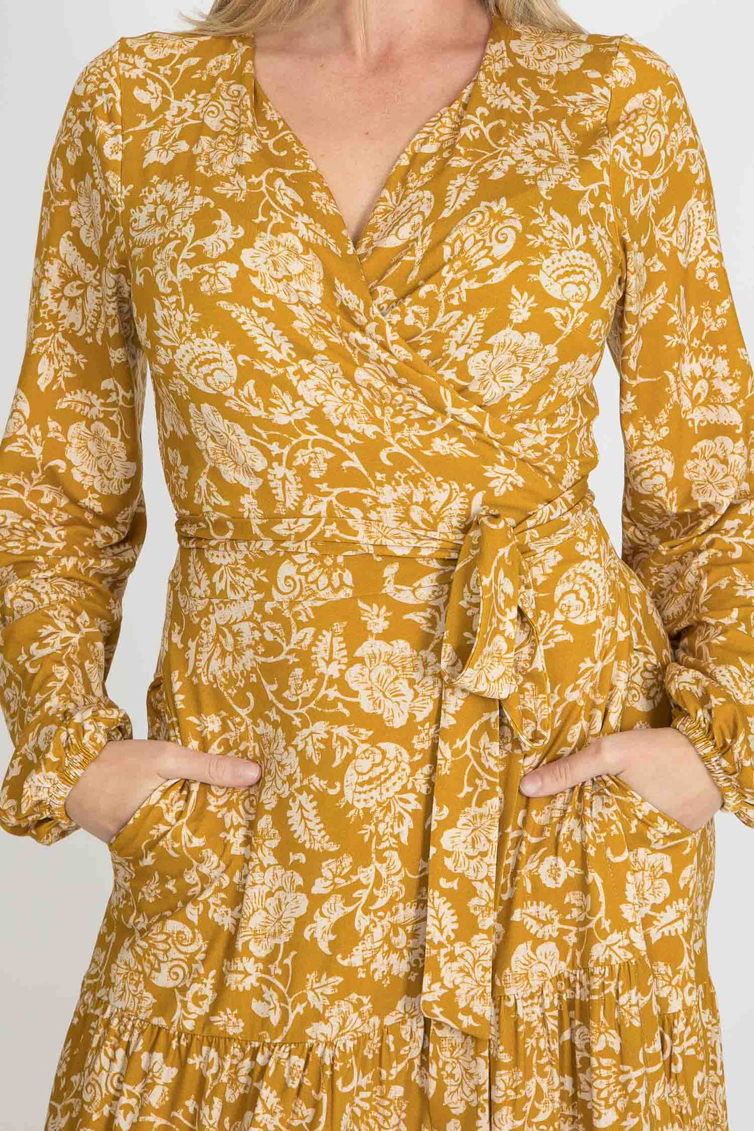 Frill midi wrap jersey dress - Ochre