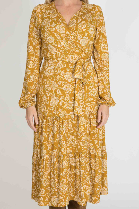 Frill midi wrap jersey dress - Ochre