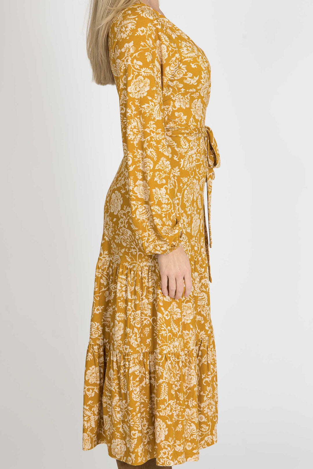 Frill midi wrap jersey dress - Ochre