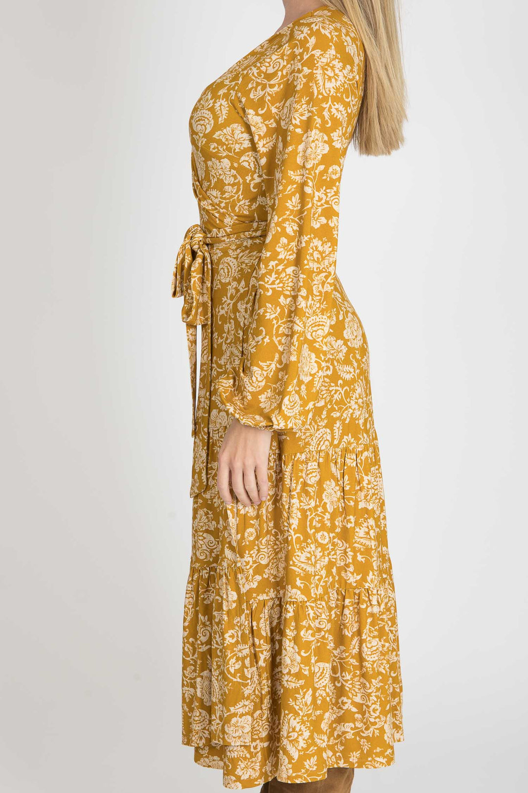 Frill midi wrap jersey dress - Ochre