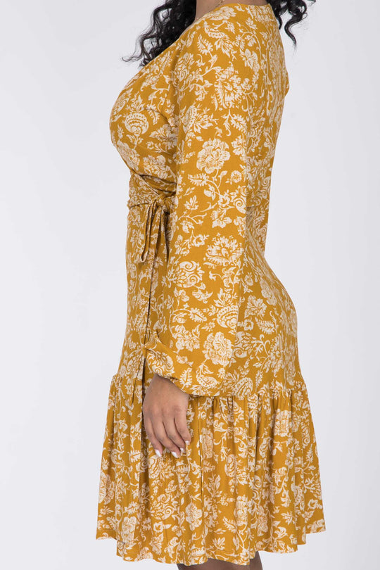 Frill printed short wrap jersey dress - Ochre - Knälång omlottklänning i trikå