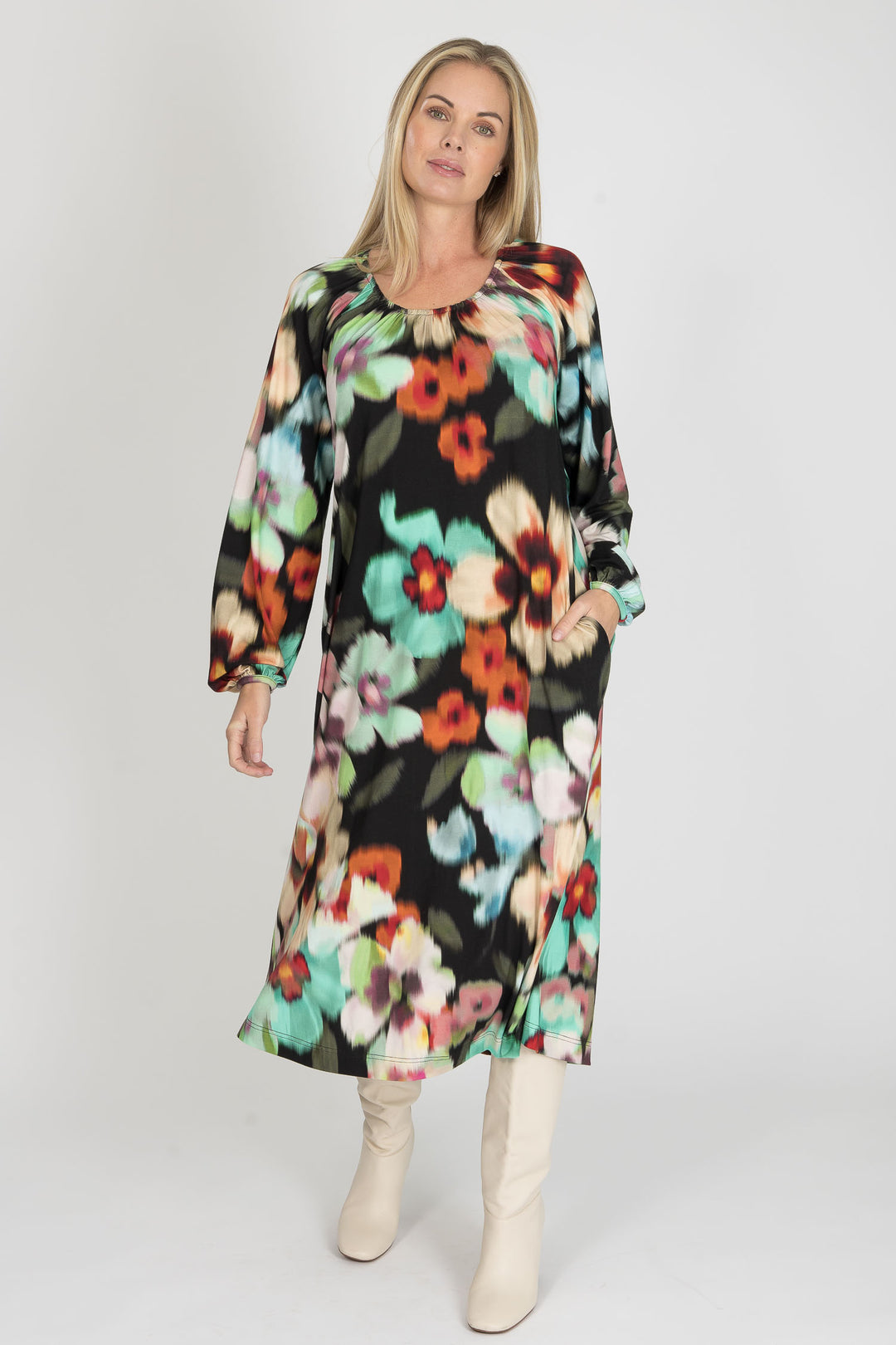 A-lined belted midi jersey dress - Black