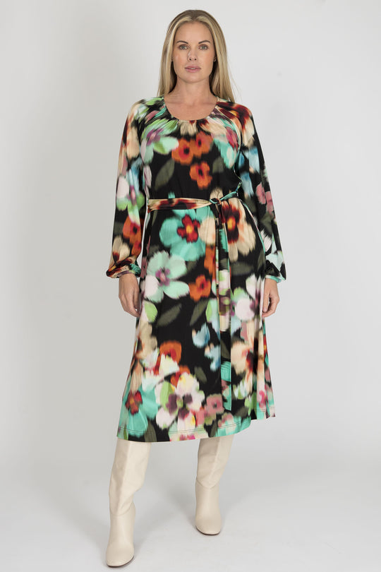 A-lined belted midi jersey dress - Black