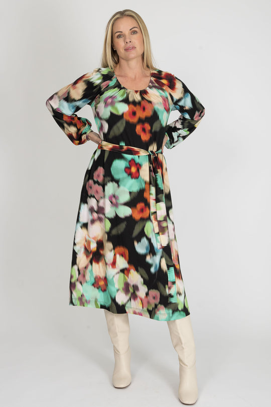 A-lined belted midi jersey dress - Black