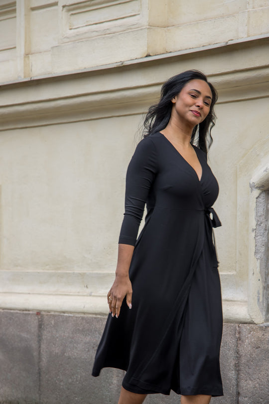 Loose fit midi wrap jersey dress - Black
