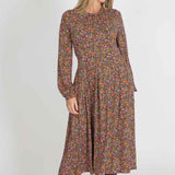 Pleated waist midi jersey dress - Navy flowers