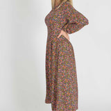 Pleated waist midi jersey dress - Navy flowers