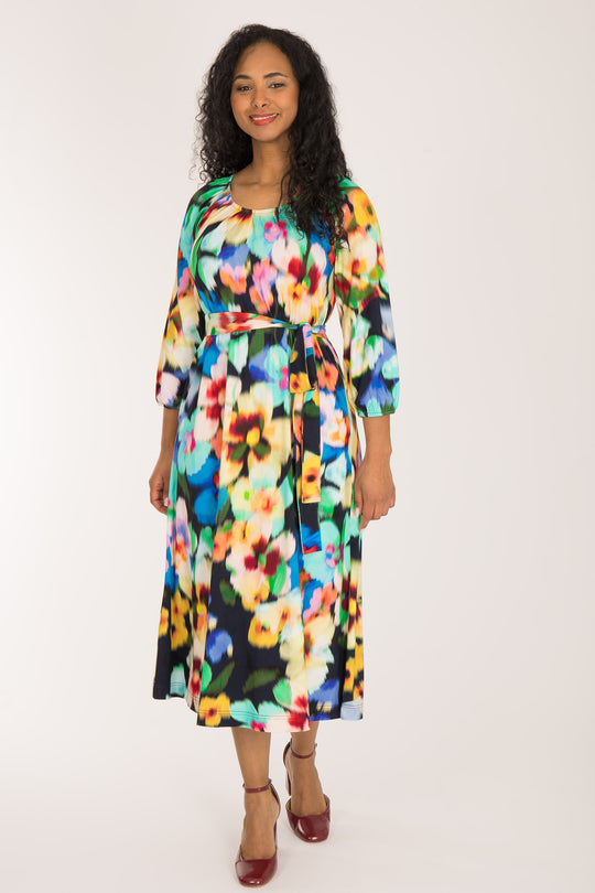 A-lined belted midi jersey dress - Navy