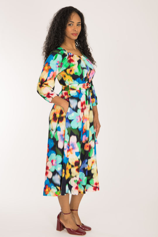 A-lined belted midi jersey dress - Navy
